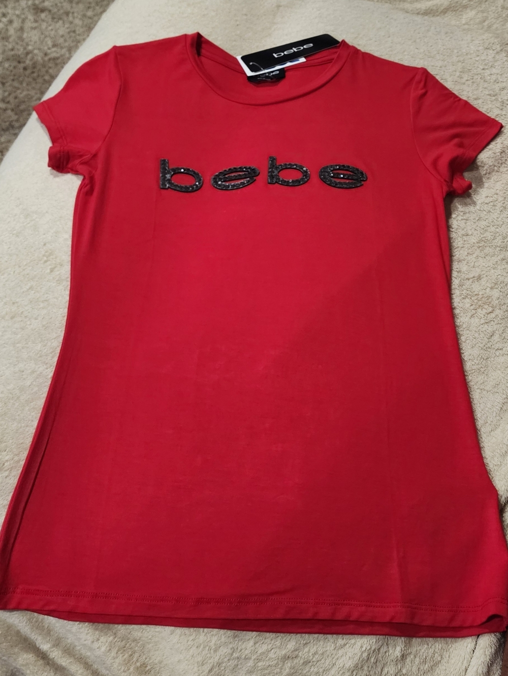 bebe Red Short Sleeve Tee with Black Rhinestone Logo Stretchy Small NWT